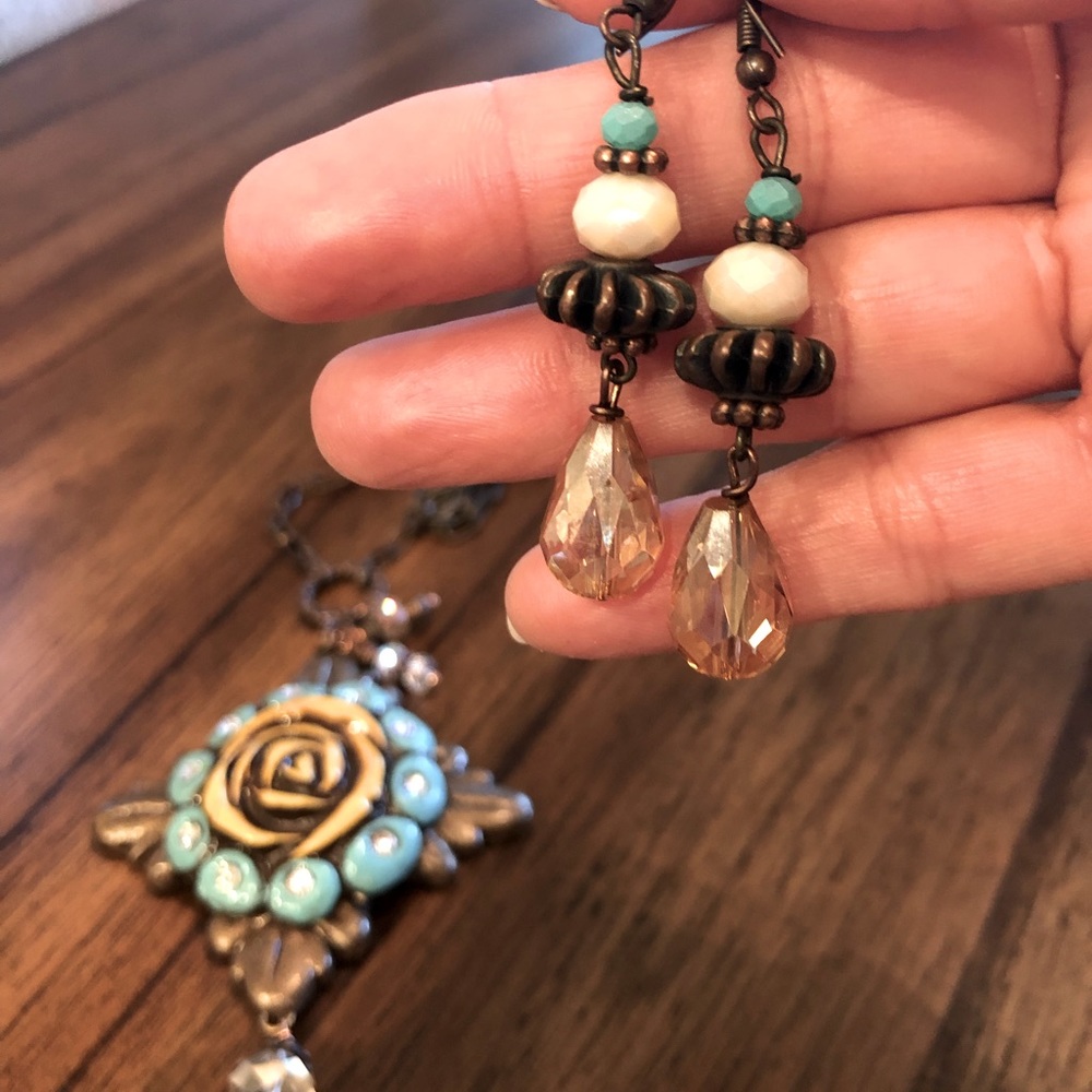 Clay necklace and earring set, Turquoise, yellow and some bling!